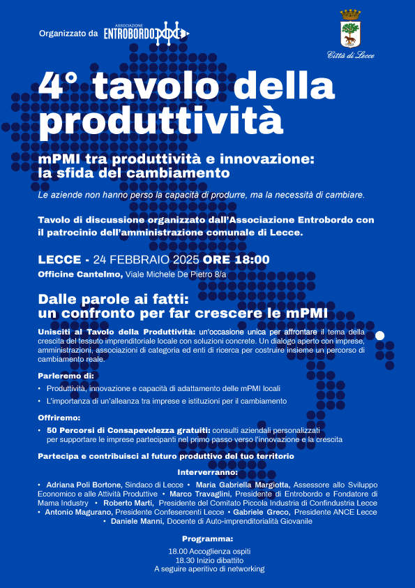 Tavolo della Produttività a Lecce: al via il confronto concreto su sfide e opportunità per le mPMI pugliesi